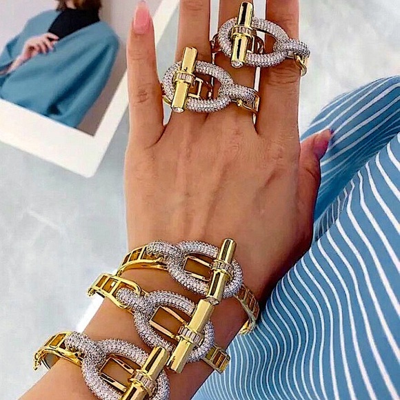 Gold Zircon Bangle Bracelet Two Finger Ring Set Luxury 18K Gold Plated - Picture 8 of 16